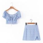 Set: Short-sleeve Floral Print Cropped Top + Skirt