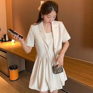 Spaghetti Strap Mini A-line Dress / Short-sleeve Blazer / Set