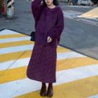 Fluffy Sweater / Flower Print Midi A-line Skirt
