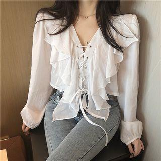 Lace-up Ruffled Cropped Blouse