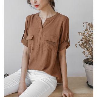Tab-sleeve Flap-pocket Blouse