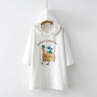 Elbow-sleeve Printed Hoodie White - One Size