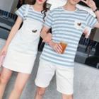 Couple Matching Short-sleeve Striped T-shirt / Mini Overall Dress / Shorts