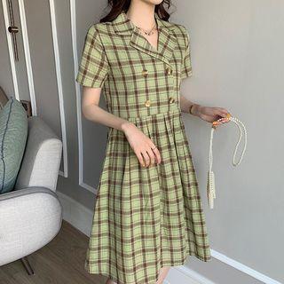 Double-breasted Short-sleeve Plaid A-line Midi Dress As Shown In Figure - One Size