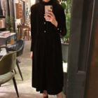 Long-sleeve Velvet Buttoned Midi A-line Dress Black - One Size