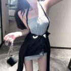 Drawstring Strapless Mini Sheath Dress / Number Print Hooded Zip Jacket