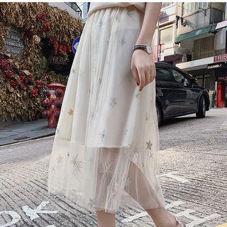 Sequined Mesh Midi A-line Skirt Star - White - One Size