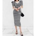 Puff-sleeve Stripe Bodycon Dress Stripe - Black - One Size