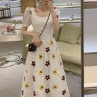 Short-sleeve Square Collar Flower Embroidered Maxi Dress