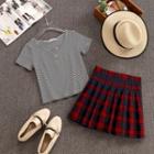 Set: Striped Short-sleeve T-shirt + Plaid Mini A-line Skirt