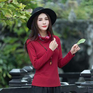 Embroidered Funnel Neck Long-sleeve T-shirt