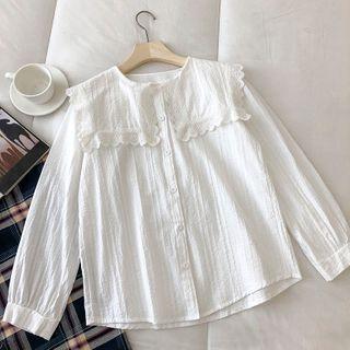 Long-sleeve Peter-pan Collar Ruffle-trim Blouse White - One Size