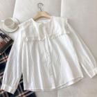 Long-sleeve Peter-pan Collar Ruffle-trim Blouse White - One Size