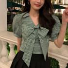 Short-sleeve Bow Gingham Blouse Green - One Size
