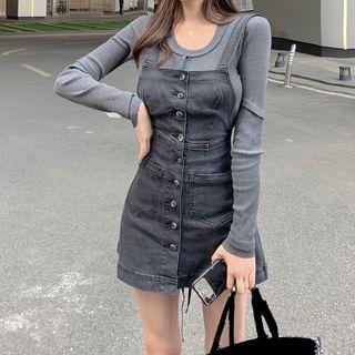 Plain Long-sleeve Slim-fit Top / Slim-fit Denim Jumper Dress