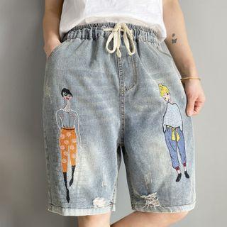 Cartoon Embroidered Straight Cut Denim Shorts