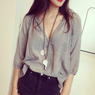 Sheer 3/4-sleeve V-neck Top