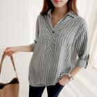 Tap-sleeve Half-placket Striped Top