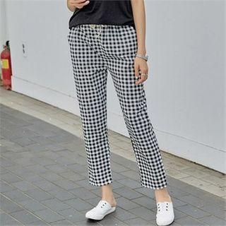 Drawstring-waist Gingham Pants Black - One Size