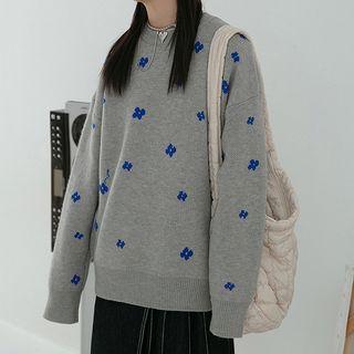 Flower Printed Round-neck Knitted Sweater