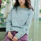 Cloud Patten Fringe-hem Pullover Blue - One Size