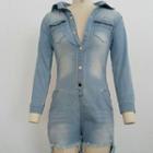 Long-sleeve Washed Distressed Denim Romper