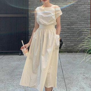 Plain Off Shoulder Ruched Oversized Sleeveless Dress Off-white - One Size