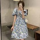 Short-sleeve Print A-line Dress Blue Flowers - Off-white - One Size