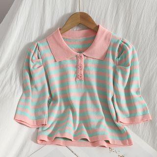 Elbow-sleeve Polo-neck Striped Knit Top Pink Stripe - Green - One Size