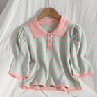 Elbow-sleeve Polo-neck Striped Knit Top Pink Stripe - Green - One Size