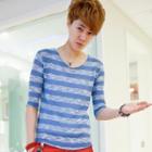 Elbow-sleeve Striped Knit Top