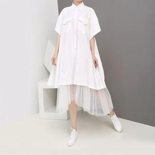 Mock Two-piece Elbow-sleeve Mesh Paneled Buttoned Dress White - One Size