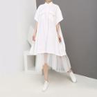 Mock Two-piece Elbow-sleeve Mesh Paneled Buttoned Dress White - One Size