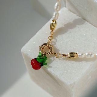 Fruit Pendant Faux Pearl Alloy Necklace 1pc - Gold & Red & Green - One Size