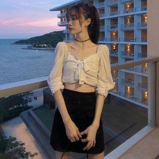 Elbow-sleeve Tie-front Crop Top / A-line Mini Skirt