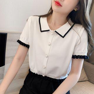 Short-sleeve Embellished Knit Shirt White - One Size