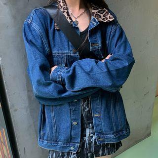 Leopard Print Trim Denim Jacket As Shown In Figure - One Size