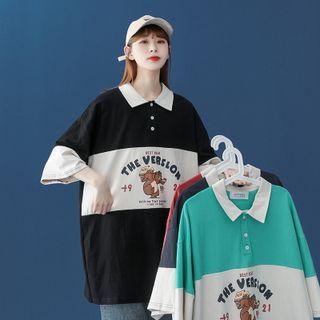 Elbow-sleeve Bear Print Polo Shirt