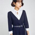 Shirt-panel Two-tone Dress With Belt