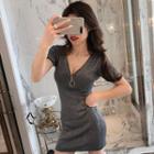 Short-sleeve Zip Mini Sheath Dress