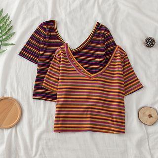 V-neck Striped Knit Cropped Top
