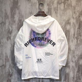 Lettering Print Hooded Zip-up Jacket