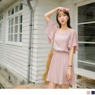 Ruffled Sleeve V-neck Bow Accent Dress