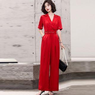 Elbow-sleeve V-neck Wide Leg Jumpsuit