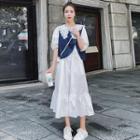Set: Puff-sleeve Lace Trim Midi A-line Dress + Denim Vest