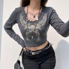 Long-sleeve V-neck Butterfly Print Crop Top