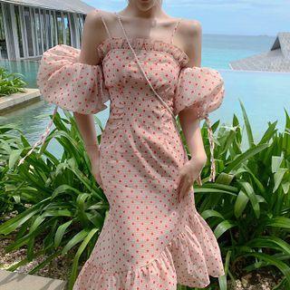 Cold-shoulder Dotted Ruffle Hem Midi Sheath Dress