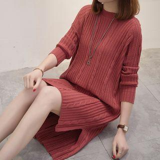 Side-slit Long-sleeve Cable Knit Dress