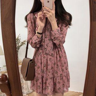 Long-sleeve Bow Accent Mini A-line Floral Dress