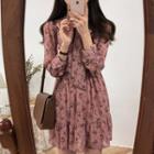 Long-sleeve Bow Accent Mini A-line Floral Dress